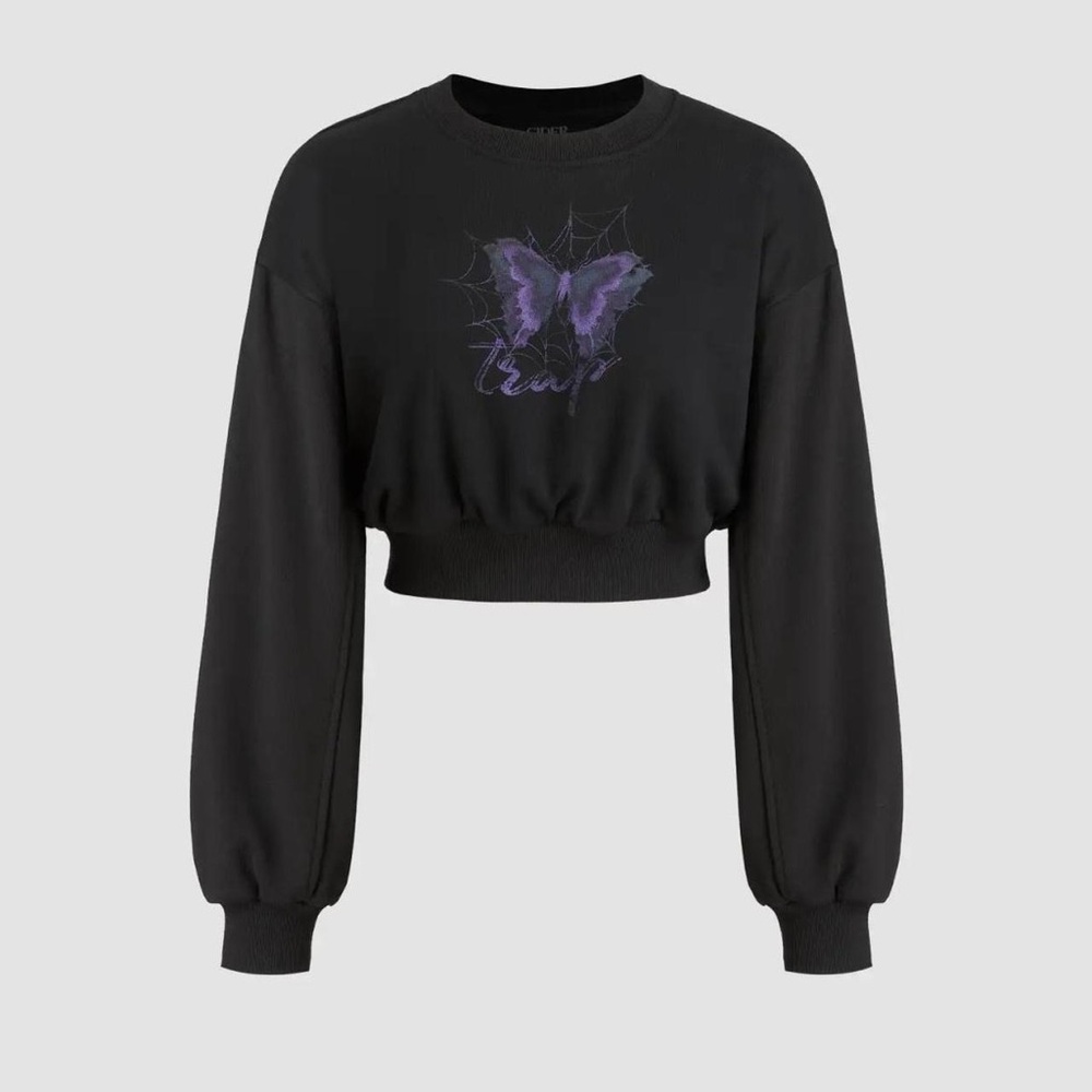 Black Round Neck Butterfly Crop Sweatshirt from Cider